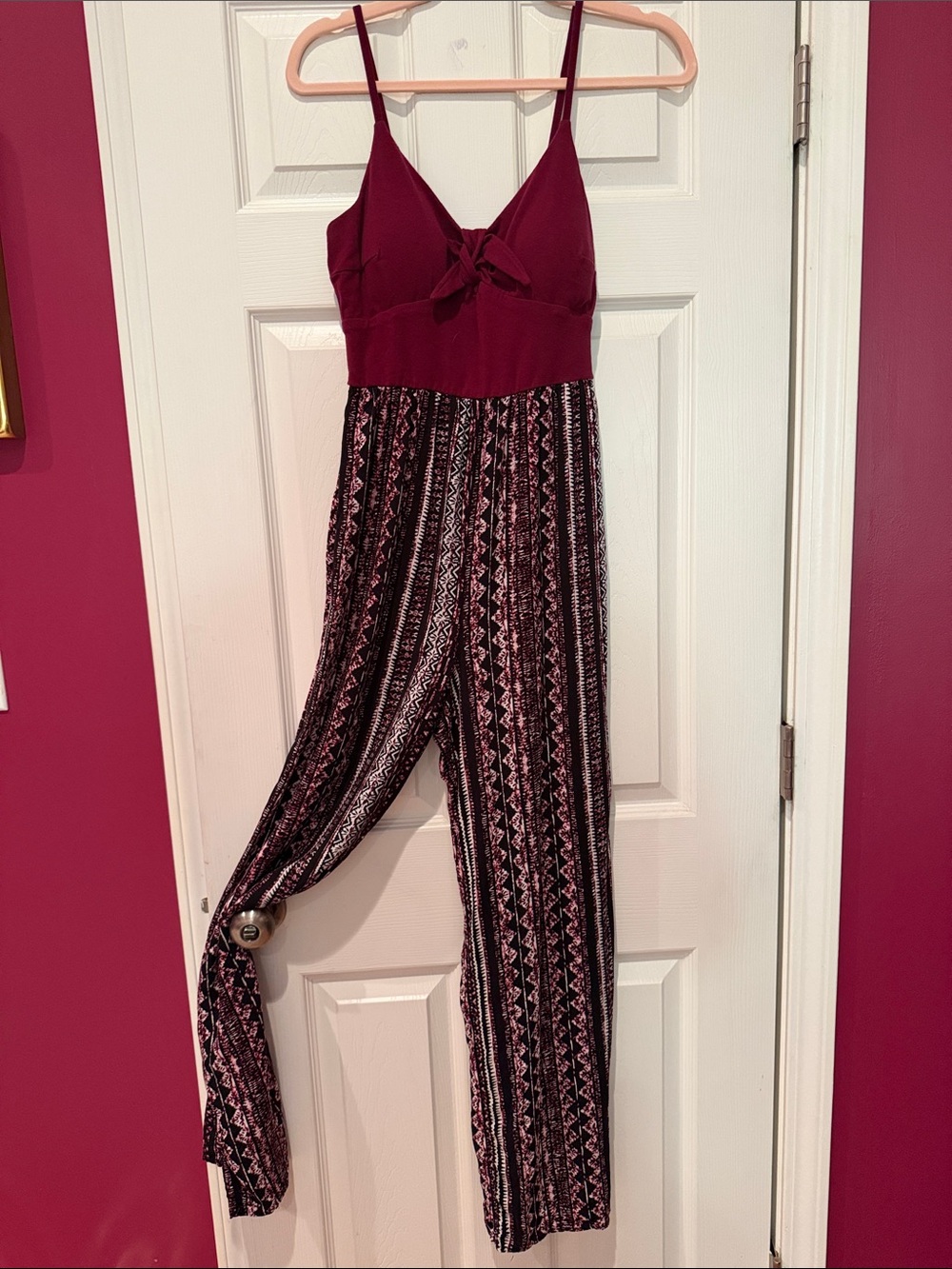 No Boundaries Burgundy Tie-Front Spaghetti Strap Jumpsuit